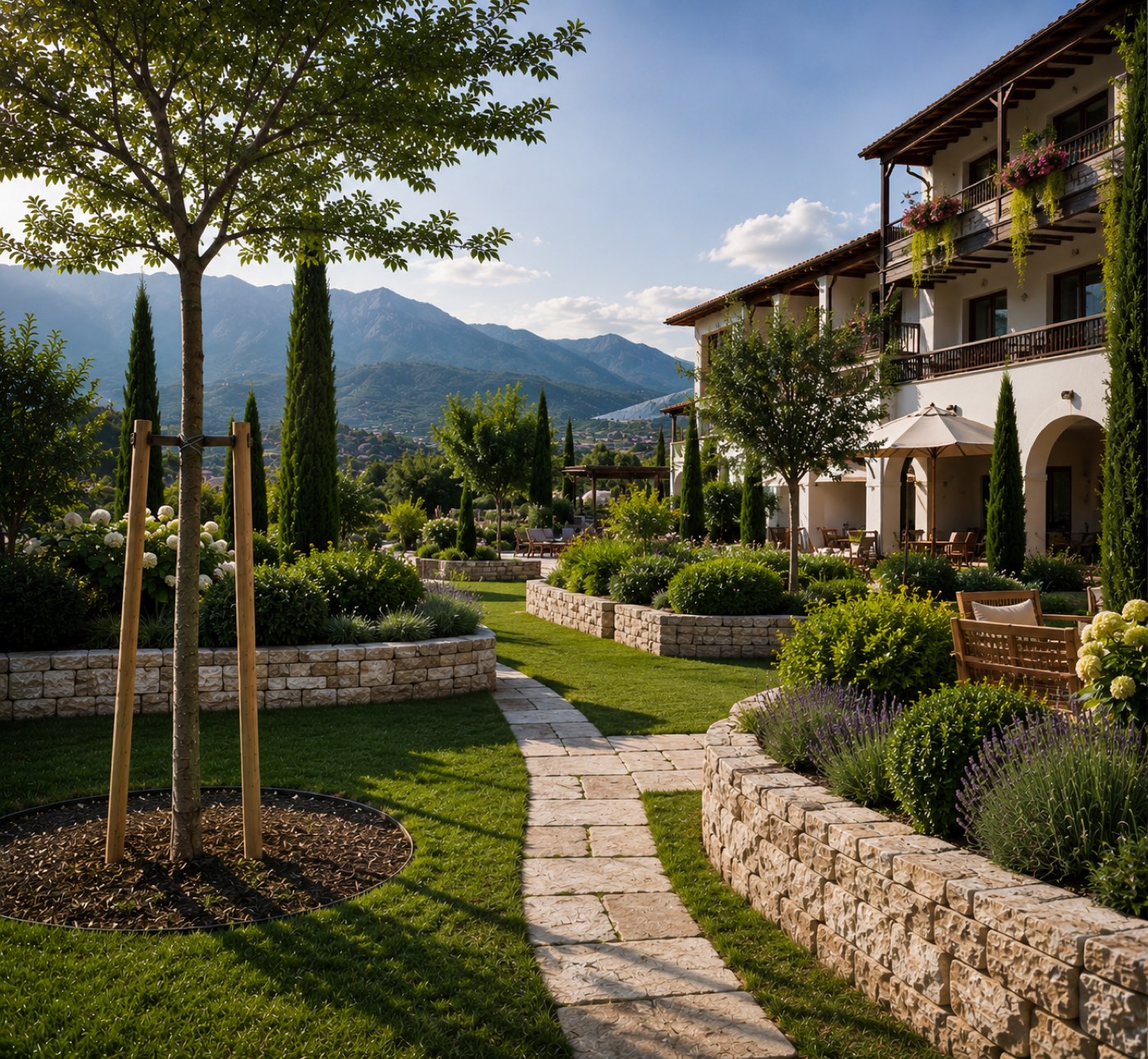 Hotel-Wellnessbereich mit Natursteinmauern, Lavendel, Zypressen und Bergpanorama