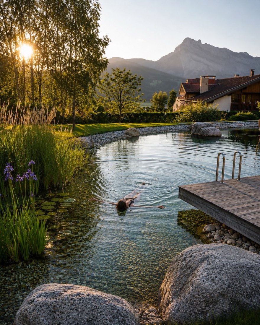 Alpiner Naturteich mit Schwimmerin, Felsen und Bergpanorama im Abendlicht