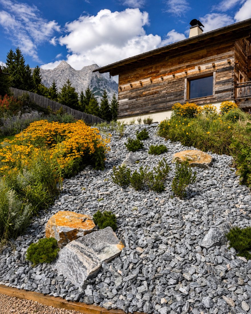 Privater alpiner Steingarten mit Natursteinbeeten, Stauden und Bergkulisse