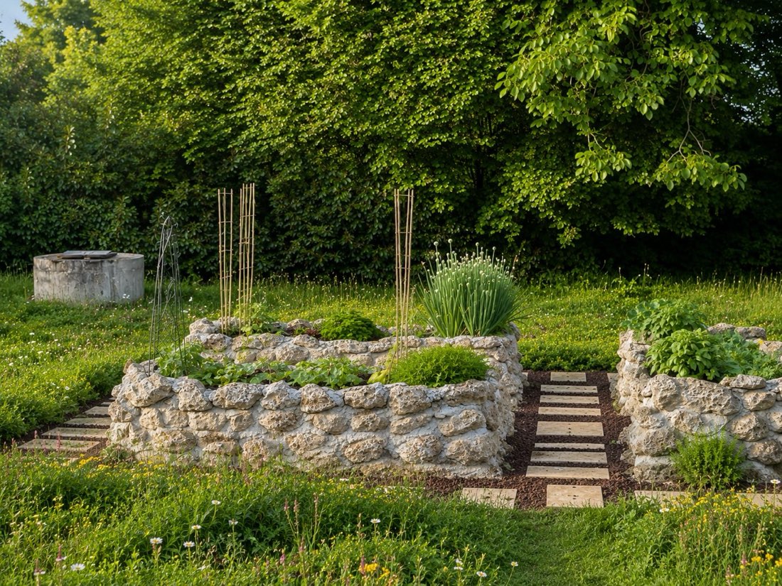 Handgemauerte Naturstein-Hochbeete mit Blumenwiese