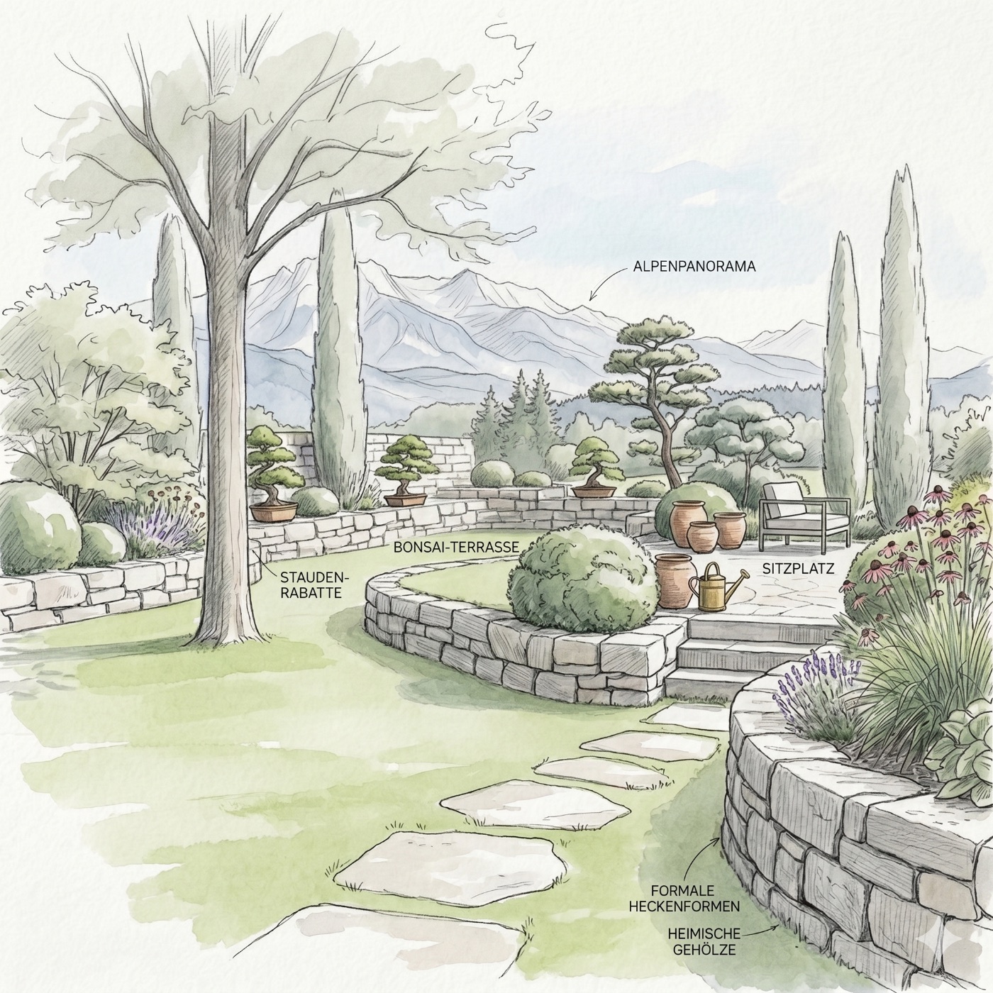 Gartenplanung als Skizze mit Alpenpanorama, Bonsai-Terrasse und Natursteinmauern